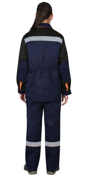 Костюм "УДАРНИЦА" женский, куртка, п/к, темно-синий с черным с оранжевой отделкой и СОП