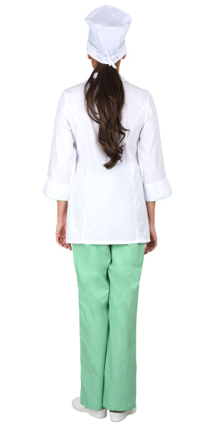 Костюм "Жасмин" женский: куртка, брюки, колпак белый с салатовым (ЧЗ)